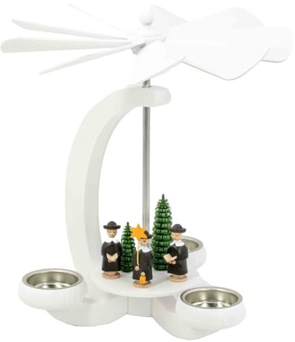 Seiffener Volkskunst | Erzgebirgische Weihnachtspyramide im eleganten Bogendesign in weiß | 23 cm | Handgefertigte Pyramide Erzgebirgspyramide | Kurrende farbig mit Claudia Lorenz Figuren