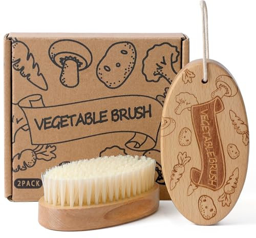 Wooden Vegetable Brush Scrubber for Food, Cute Potato Brush Scrubber with Hanging Rope, Natural-Wood Kitchen Veggie Scrubber Cleaning Potatoes, Carrots, Mushroom, Fruits (2)