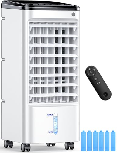 CENSTECH Evaporative Air Cooler, Swamp Cooler Air Conditioner w/ 12H Timer for Auto-off, 6 Upgraded Ice Packs, 3-Speed Windowless Air Conditioner, Smart Remote, Dual Tank Portable Air Cooler for Room