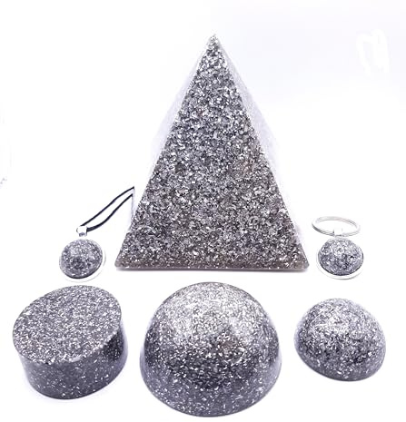 ORGONITA AUTÉNTICA PACK, Pirámide de Orgonita pura y 5 Piezas más, Orgonite armonizador de ambientes y espacios. Piedra Orgonita con diversas aplicaciones terapeúticas. Electronite. 100 x100 Artesanal
