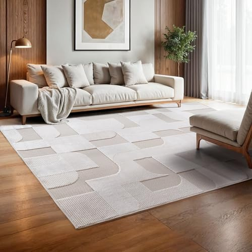 SIMPEX Indoor Outdoor Teppich Wetterfest 240x340 cm, 3D Optik, Skandinavisches Design, Waschbar, Wetterbeständig, Natur Creme Farbe, für Wohnzimmer, Terrasse
