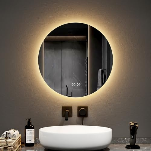 EMKE Badspiegel mit Beleuchtung rund 50cm, 3 Lichtfarbe | Badezimmerspiegel mit dimmbar, Touchschalter, Speicherfunktion, IP44 Schutz, hinterleuchtet badspiegel Rund