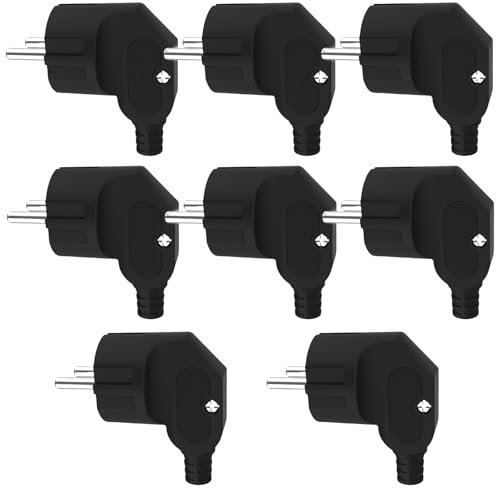 8 Stück Schuko Stecker, 250V Stromstecker mit Zugentlastung und Knickschutztülle, Winkelstecker für Den Innenbereich Schutzkontakt-Stecker Spritzwassergeschützt Langlebig und Bruchfest (Schwarz)