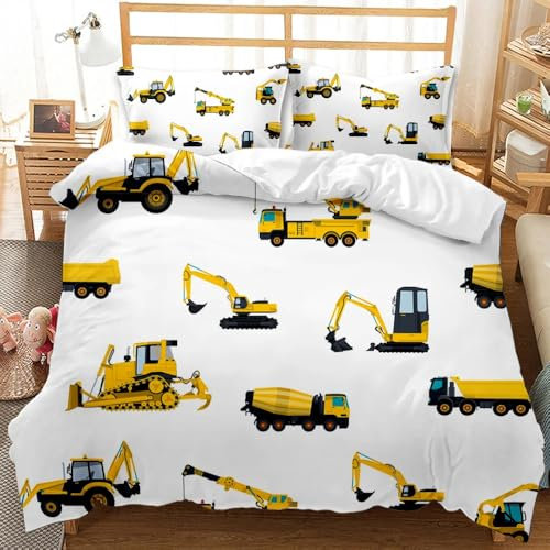 QBIDCSX Bettwäsche 135x200 Bagger Kinderbettwäsche Bettwäsche Set für Kinder Mädchen, Weiche und Angenehme Mikrofaser Bettbezüge 135x200 cm mit Reißverschluss + 2 Kissenbezug 80x80 cm