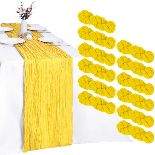 RestfulGlow Lot de 12 chemins de Table en étamine, Jaune, 89 x 304 cm | Tissu de gaze bohème, rustique transparent, pour mariage, fête d'anniversaire, fête prénatale, décoration d'intérieur