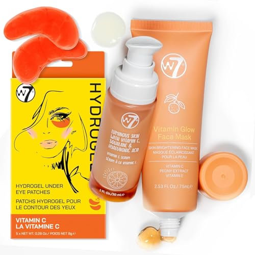 W7 Vitamin C Booster - Prodotti per il viso illuminanti per una pelle brillante ed energica - Include il siero Luminous, la maschera per il viso alla vitamina C e le maschere per occhi in gel (5 paia)