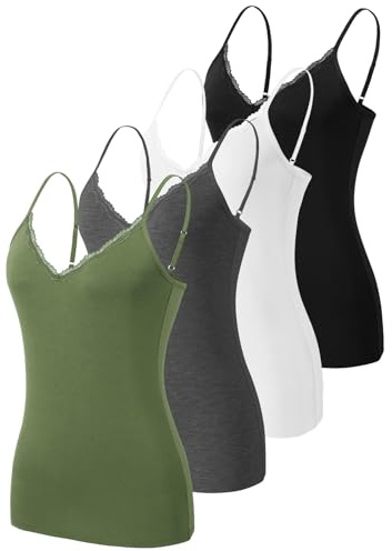 Knuffnee 4 Pack Lace Womens Camisole Basic Undershirt Cami V Neck Adjustable Strap Tank Tops Black/White/D G/A G S