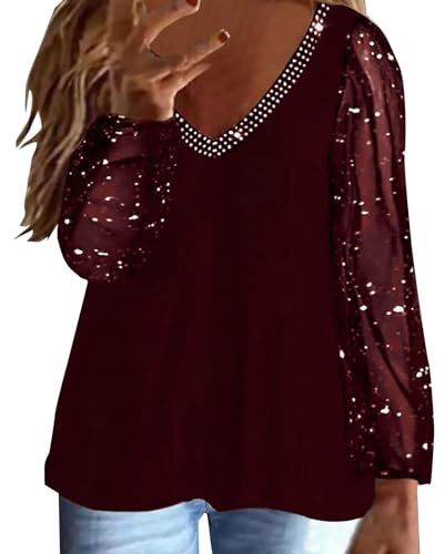 Glittriga paljetttoppar glittrande magtoppar för kvinnor festklubb – glittrande topp långärmad nät elegant bas toppar kvinnor smal passform lös blus kvinnor tunika blus gå ut toppar mode toppar, Röd,