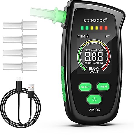 RDINSCOS Etilometro Portatile Professionale Ricaricabile – Alcol Test Digitale con Schermo LCD a Colori, Avviso Vocale, Memoria 15 Test, Allarme 3 Colori e 10 Bocchini PP per Uso Personale e Auto