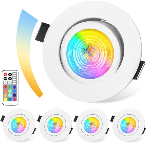 GeyouLux LED Foco Empotrable Regulable RGB, IP44 Aluminio Led Spot 230V 68mm,5W 3CCT,38° + 45° Giro Techo Spot Blanco con Control Remoto IR para Baño,4 piezas