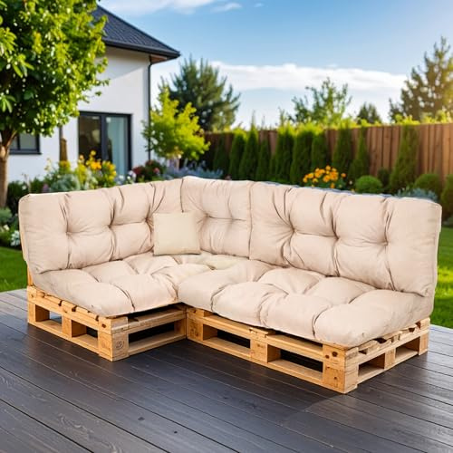SLIPIO Palettenkissen für Europaletten, 6-TLG. Set, wetterfest, Beige | Palettenpolster; FÜLLPRO+ Füllung; 2x Rückenkissen 120x40 cm + 2x Sitzkissen 120x80 cm + 60x40 + 50x50