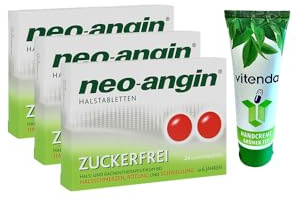 neo-angin® Halstabletten zuckerfrei – Lutschtabletten gegen Halsschmerzen 3x24 Stück inclusive einer Handcreme von vitenda - mit antiseptischer Wirkung und kühlendem Effekt