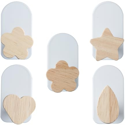 Tabanzhe Kids Coat Hooks 5PCS Self-AdhesiveD Towel Hooks Wooden Wall Hook Multifunctional Children Coat Hook for Towel Clothes Backpacks Hats Bathroom Bedroom Kitchen