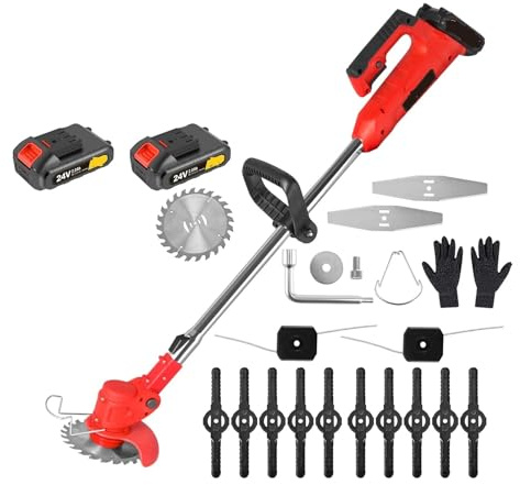 SMTYXS Kit Decespugliatore Elettrico A Batteria con Lama in Metallo, Prato, Giardino + Lame, Tagliabordi Staccabili, 21 V, Ricaricabile, 2 Batterie(Red)
