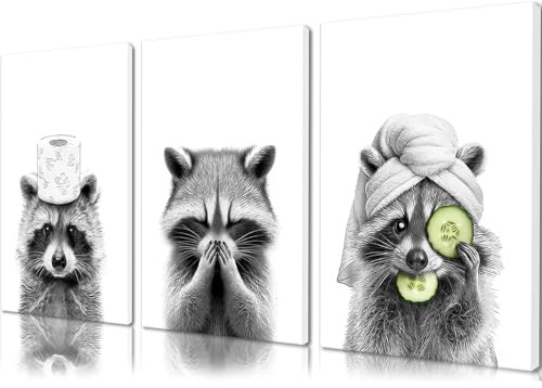 DabbOo 3 Stück Lustige Raccoon Badezimmer Bilder Poster Schwarz-Weiß A4 | Bild Badezimmer Nicht Leicht zu Verblassen Poster WC Ungerahmt für die Dekoration von Toiletten und Badezimmern (21x30cm)