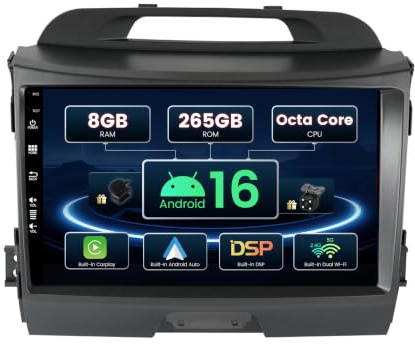 SXAUTO ¦ 8G+256G, 8-core ¦ Android 14 IPS bilradio för Kia Sportage (2010-2015) - trådlös Carplay/Android Auto/DSP - LED-kamera + MIC - 9 tum 2 Din - Dab Ratt 360-CAM Fast-Boot AHD WiFi BT