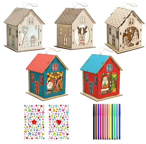 YDUNARISE 5 STK Weihnachtshaus Bastelset Kinder,mit 5 Holz Haus & 2 Glitzersteine Selbstklebend & 12 Buntstifte,Weihnachtsdeko Basteln,Holzhaus Weihnachten Geschenk für Jungen Mädchen