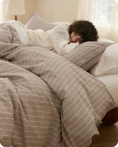 Bedsure Striped Duvet Cover King Size, 100% Washed Cotton PureWoven Duvet Cover Linen Like Textured, Classic Striped Pattern Enhances Bedroom Comfort and Style, Stripes Tan/White, 104x90