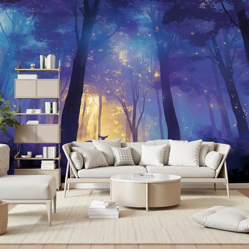Gaqinhh Forêt Fantaisie Paysage Papier Peint Panoramique, Cerf Dans Jungle Violette Papier Peint Intissé, Tapisserie Murale Cuisine Salle de Bain, Décoration Murale Chambre, 150 x 105 cm