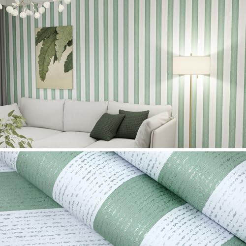 Biyoee Green Stripe Peel and Stick Wallpaper 15.7 x 118 Green and White Self-Adhesive Wallpaper Removable Waterproof Contact Paper for Cabinets,Bedroom,Nursery,Accent Wall