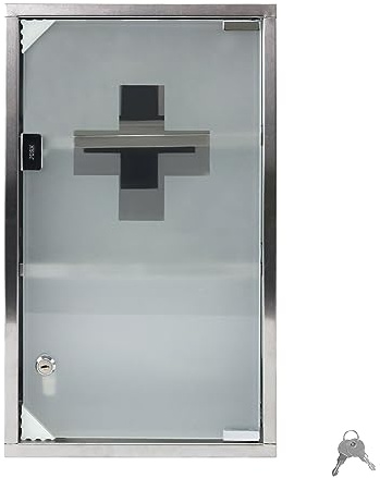 VA-Cerulean Medizinschrank Apothekerschrank, Abschließbarer Hängeschrank mit Magnetischer Glas Tür, 30x12x50cm (Silber, 3 Fächer)