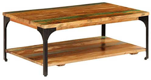 Keeiluna Solid Reclaimed Wood Coffee Table with Storage Shelf, 100x60x35 cm, Powder-Coated Steel Frame, Vintage Accent Living Room Furniture, Durable Floor Corner Unit for Home Spaces