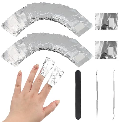 Juego de 200 láminas de gel para eliminar el esmalte de uñas, papel de aluminio para quitar las uñas, herramienta de cutícula y lima de uñas