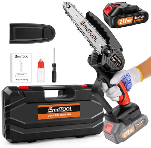 Mini motosierra con batería de 1,5 Ah, batería de 6 pulgadas, 700 W, 1 cadena, 3500 RPM, sin escobillas, batería para tijeras de podar, corte de madera, bolsa de transporte, color naranja