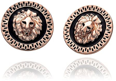 Yellow Gold Plated Black Round Earrings Stud Push Back Lion 1 L319