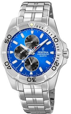 Festina Herrenuhr Analog aus Edelstahl 316l Silberfarben | Quarzwerk, Widerstandsfähiges Mineralglas, Wasserdicht 10 ATM Casual, Multifunktion F20445/4