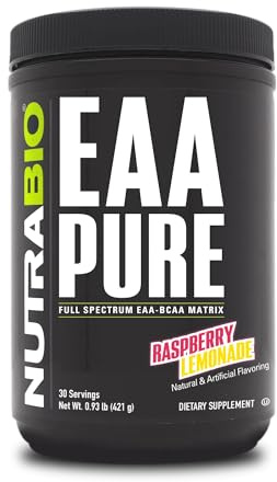 NutraBio – EAA Pure – 9 Amino Acids – Muscle Repair and Recovery, 30 Servings, Raspberry Lemonade – Pre or Post Workout – All Day Recovery