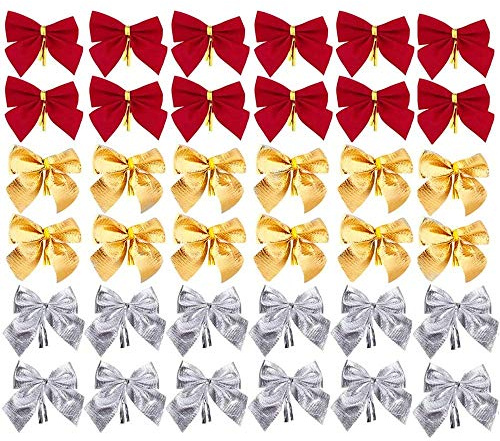 Bkrdty Weihnachten Schleifen Bowknots 36 stück Weihnachtsbogen Band Bogen Rot Silber Gold Band Bögen Ornamente für Baumschmuck Weihnachtsdeko Geschenkverpackung
