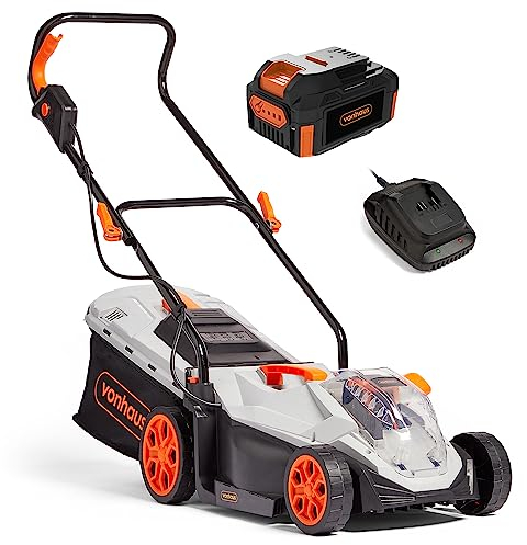 VonHaus Cordless Lawnmower 40V – Electric Lawn Mower – 30L Collection Box, 5 Cutting Heights, 33cm Cutting Width, 5 Height Settings, Mulching Feature, Foldable Body, 4Ah Battery & Charger Included