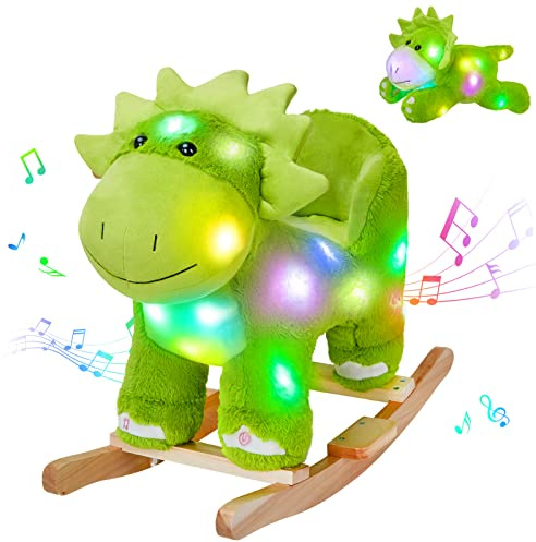 Glow Guards Light up Music Dinosaur Rocking Horse Stuffed Animal Set of 2 with Glowing Singing Dinosaur Plush Toy Wooden Chair Seat Ride on Toys Gift for Ages 1-3 Toddlers Kids Baby (Dinosaur)