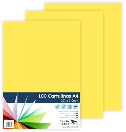 Raylu Paper – Papier Cartonné A4 Coloré, 100 Feuilles Cartonnées, Papier Epais de Couleur, pour l’Ecole, le Bureau, le Scrapbooking, les Activités Manuelles, 180g/m², 210 x 297 mm (Jaune Canari)