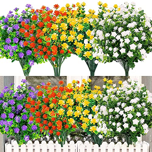 LOMOHOO 12 Bundles Artificial Flowers,4 Color Fake Flowers in Bulk,Artificial Plants Outdoor UV Resistant Plastic Shrubs for Home Garden Window Wedding Decor