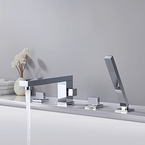 Badewannenarmaturen 4 Loch Wannenarmatur mit Handbrause Chrom Wannenrandarmatur 4 Loch Drehbarer Badewannenauslauf Badarmatur Badewanne Mischbatterie Badewanne mit Brause,B