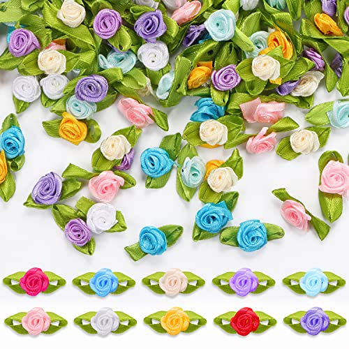 DREMISI 200 Stück Mini-Band-Rosen, künstliche Stoffblumen mit grünen Blättern zum Basteln, gemischte Farben, Rosetten, Mini-Bastelrosen für DIY Handwerk Nähen Hochzeitsdekoration, 10 Farben