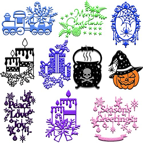 10Stück Halloween und Weihnachten Stanzformen für Kartenherstellung DIY Scrapbooking Halloween Kürbis Skull Spinnennetz Metall Stanzformen für Papier Basteln Weihnachten Wagen Metall Stanzschablone