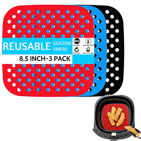 Air Fryer Liners,3 Pack 8.5 Inch Square Non-Stick Reusable Silicone Mats,100% Food-Grade, Air Fryer Accessories for NINJA,Gourmia,Power XL & More