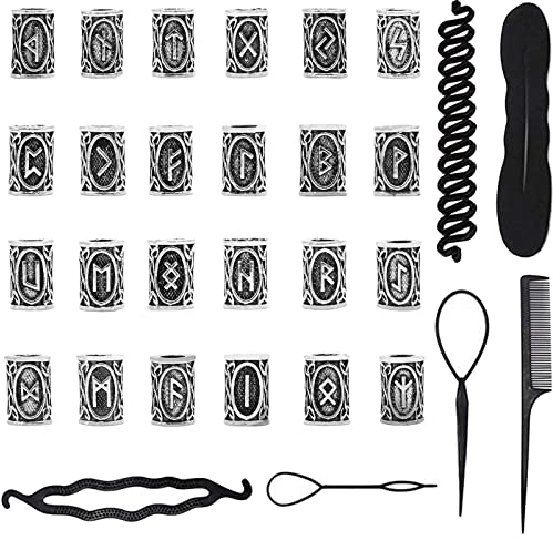 scalingscal Wikinger Bartperlen, Wikinger Bartschmuck Bartperle, Bart Perlen Bartperlen Wikinger Runen, Nordische Runen Perlen Flechten Perlen für Armband Halskette DIY Anhänger Schmuck,24 Stück