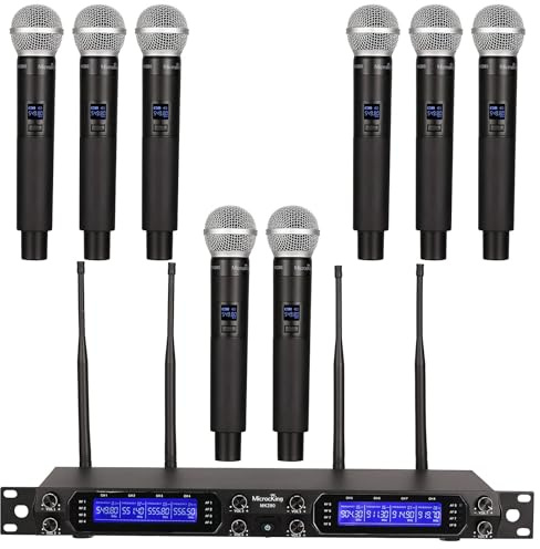 MicrocKing Kabelloses Mikrofonsystem, 8 Kanäle UHF schnurlose dynamische Handmikrofone, Lange Reichweite 122 m, automatische Verbindung, ideal für Karaoke-Party, Hochzeit, Rede und Veranstaltungen im