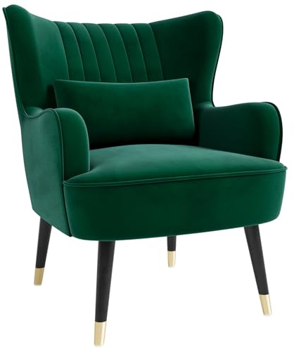 Vesgantti Velvet Accent Chair with Lumbar Pillow, Modern Wing Back Armchair Lounge Chair, Large Cuddle Chair for Living Room Bedroom Study Room Office(Green)