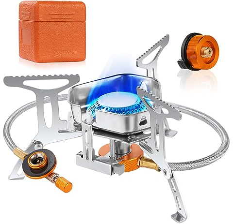 Adiwo Estufa de Camping, 3500W Hornillos Portátiles de Camping, Mini Estufa Plegable de Acero con Encendido Piezoeléctrico, Estufa de Gas de Camping con Adaptador para Camping, Picnic, Senderismo