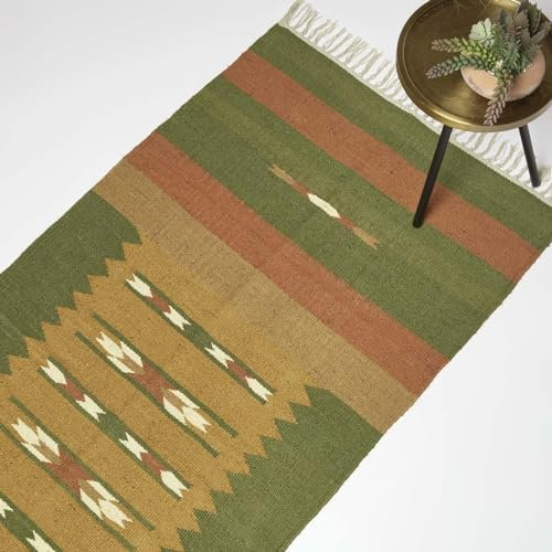 HOMESCAPES Alfombra Kilim tejida a mano naranja y verde para pasillo, 80 x 180 cm, diseño geométrico tradicional Lundi alfombra de yute y algodón con borlas