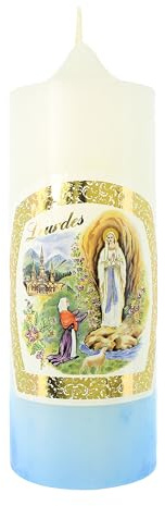 Candela bianca e blu Aspetto di Lourdes 6 x 15 cm - Candela devozionale - Culto cristiano in cera vegetale