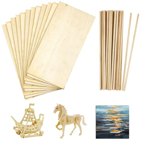12 Pcs Plywood Sheets and 50 Pieces Wooden Sticks, 10x20x0.2cm Basswood Sheets Unfinished Wood Board, for Home Decoration, DIY Crafts Projects, Woodcraft Model, Painting and Engraving (10*20*0.2cm)