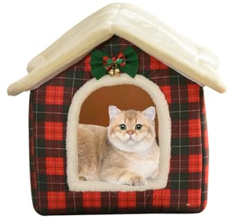 Weihnachtskatzenbett für Innenkatzen, kariert, Weihnachts-Katzenzelt, Katzenbett, Höhle für Haustiere, Katzen und Hunde, Größe M (46 x 37 x 39 cm)
