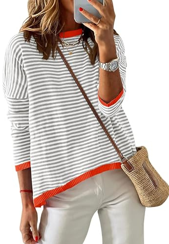 Chicrise Jersey Muje Rayas Cuello Redondo Suelto Sueter Casual con Bloques De Color Moda Camiseta Manga Larga Punto Gris/Blanco/Rojo Pequeño 34-36