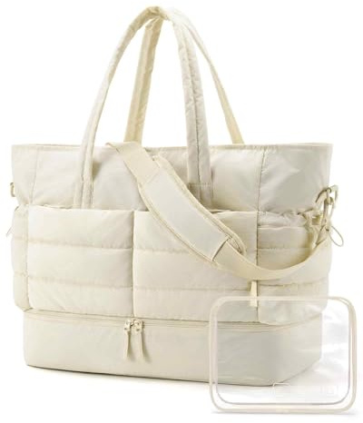 BAGSMART Puffer Reisetasche Groß 38l Sporttasche Damen Mit Schuhfach, Weekender Damen kliniktasche geburt Wasserabweisend HandgepäCk Tasche, 47*21*39cm Weiches Dickes StrapazierfäHiges Taslon, Beige
